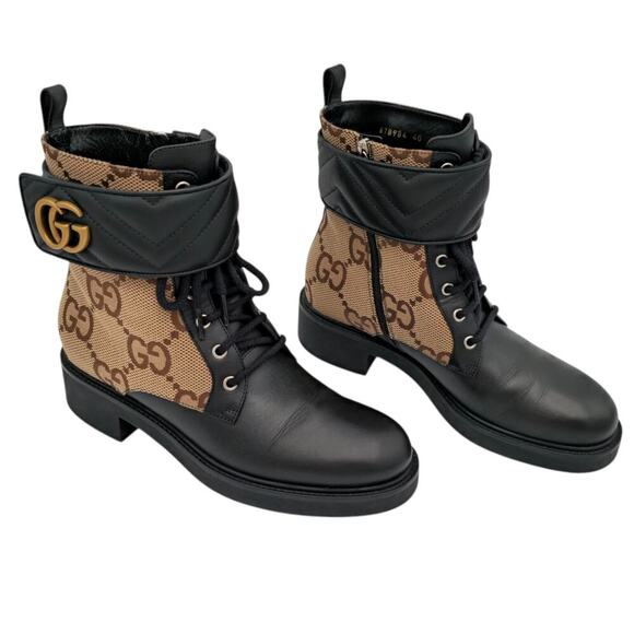 Gucci GG Jumbo Monogram Canvas Combat Boot Size 40 US 10 Black Leather Lace Up - Picture 1 of 12
